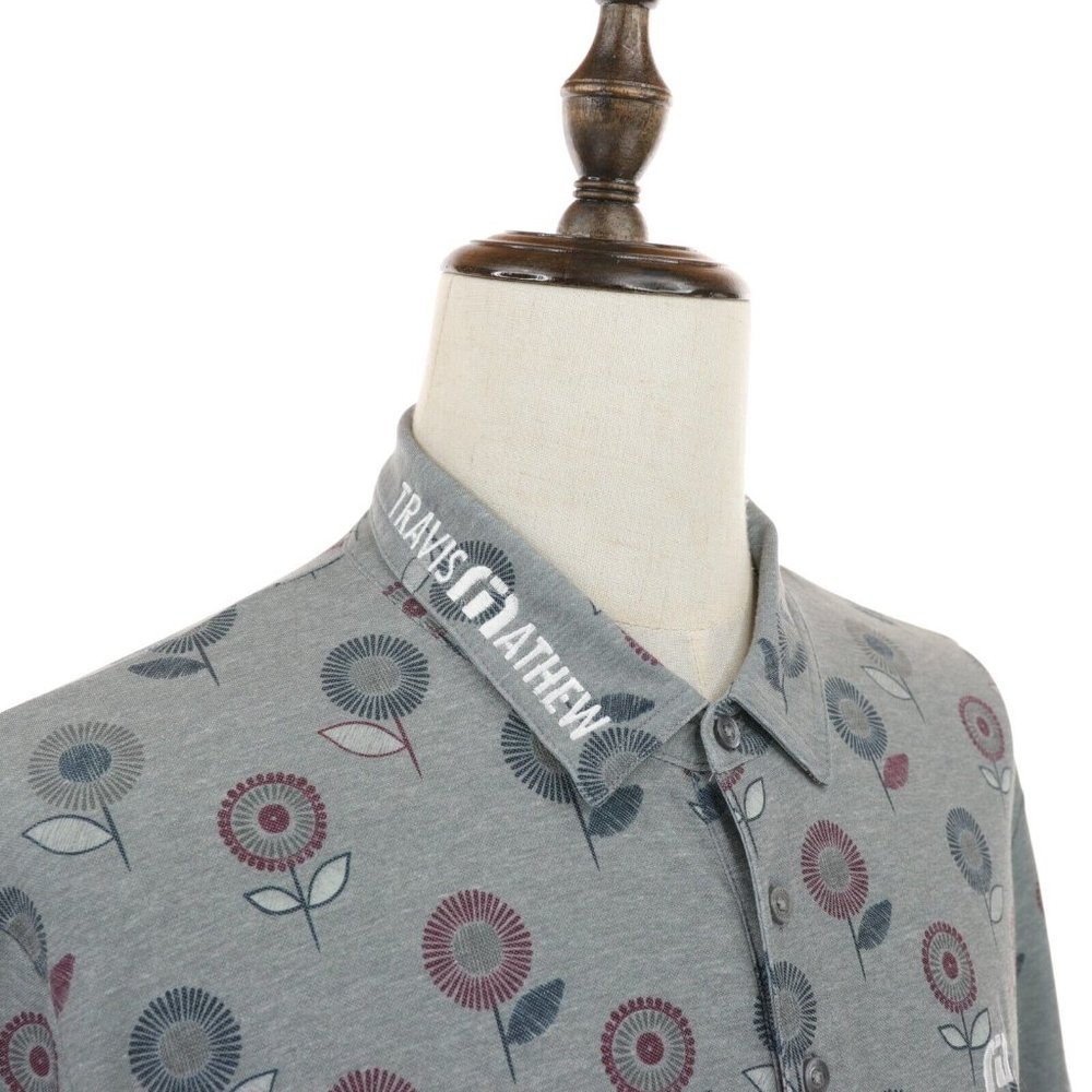 Travis Mathew Golf Polo Shirt Men's XL Gray Purple Blue Floral Pattern Spell Out - Picture 3 of 9